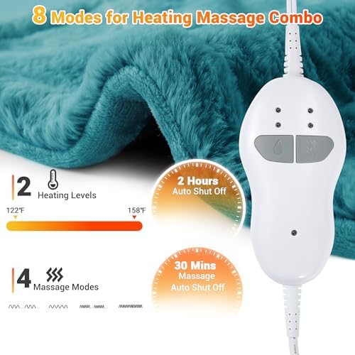 Electric Heating Pad for Neck and Shoulders and Back, 24" x 35" Large Heated Blanketwith 2 Heat Levels, 4 Massage Settings, 4 Massage Motors, Auto Shut-Off, Green