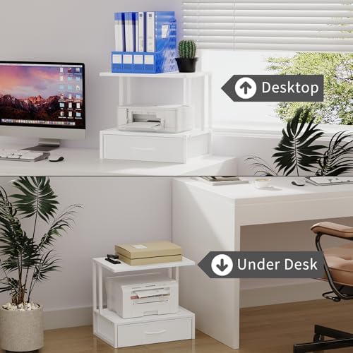 Printer Stand with Storage for Desk, with Fabric Drawer Desktop Printer Stand Shelf Organzier for Home Office, for Above and Under Desk Printer Table, Fax Machine Copier Scanner, White