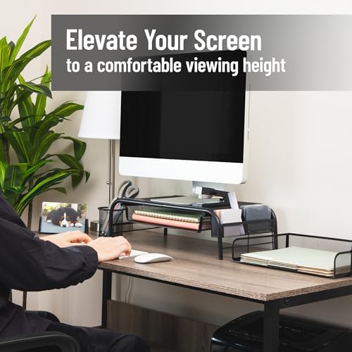 Mind Reader Monitor Stand, Ventilated Laptop Riser, Paper Tray, Office, Metal Mesh, Set of 2, Black