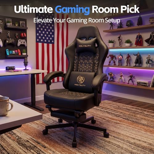 Gaming Chair Breathable Leather with Pocket Spring Cushion, Wide and High Ergonomic Office Chair with Headrest, Computer Gaming Chair with Footrest for Adult and Teen (Black)