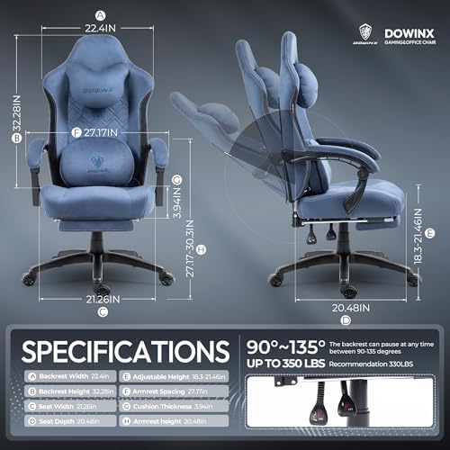 Dowinx Fabric Gaming Chair with Heated Massage Lumbar Support, Computer Game Chairs for Adults, Big Tall Gamer Chair with Pocket Spring Cushion and Footrest, Recliner Gaming Chairs for Adult,Blue