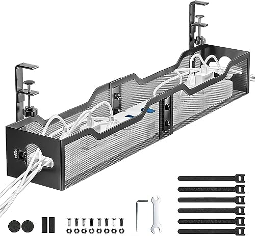 Under Desk Cable Management Tray Black, Litwaro Cable Management Under Desk No Drill, 25'' Cable Tray with Clamp for Wire Management, Cord Organizer for Office, Home - No Damage to Table