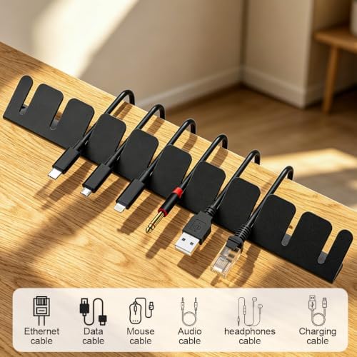 2 Sets Cable Management Organizer,Adhesive Under Desk Cable Holder,Metal Wire Cord Keeper for USB Charging Cables,Ethernet,Mouse,Audio Cords,Self‑Stick Wire Organizer for Home Office Desk,Black