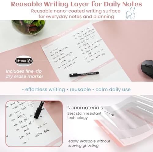 Leather Desk Pad Protector, Large Office Faux Leather Desk Mat, Non-Slip Large Mouse Pad, Flexible Desktop Dry Erase Planning Sheets Included - 16"x34" Blush Pink
