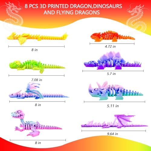 8pcs 3D Printed Rainbow Dinosaur Crystal Dragon,T-Rex Fidget Toys,Flying Dragon，Pterosaur，Toys,Desk Executive Toy，Easter,Toys for Boys Kids Teen 5-7 4-6 8-12