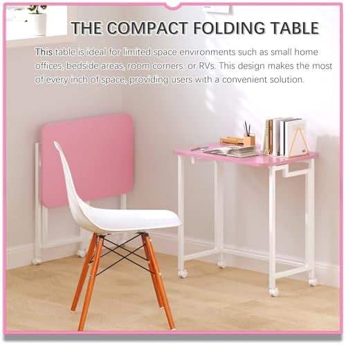 4NM 23.6" Mobile Small Rolling Computer Desk, Folding Laptop Cart Table with Wheels, Portable Office Desk for Small Space Couch Bed - Pink and White