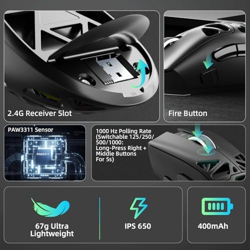 Aula SC620 Wireless Gaming Mouse, Tri-Mode 2.4GHz/USB-C/BT5.3 Computer Mouse with 12000 DPI, Programmable Macro Gamer Mouse with Rapid Fire Key, RGB Light Gaming Mice for PC/Laptop/Mac(Black)