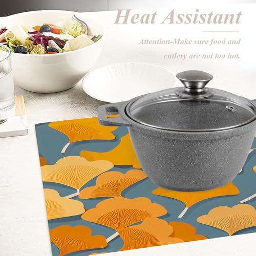 Shrahala Autumn Ginkgo Leaves Set Of 4 12 X 18 Inch Linen Placemats , Yellow Leaves Blue Background Burlap Table Mat Washable Double Layered Heat Insulation For Indoor/Outdoor