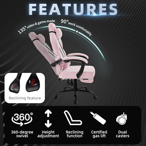 Shintenchi Big and Tall Gaming Chair Fabric Pocket Spring Cushion, High Back Recliner with Footrest and Headrest for Adults, Massage Lumbar Support for Home Office, Ergonomic Computer Desk Chair, Pink