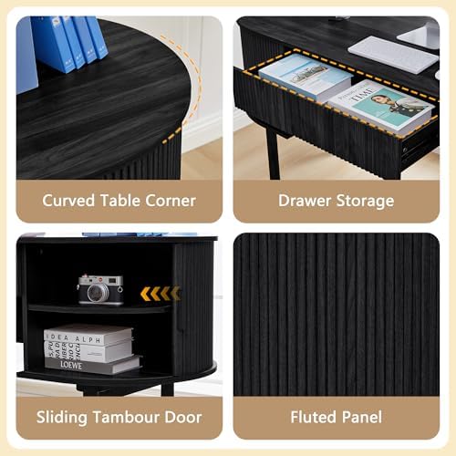 ORRD Home Office Oval Desk with Sliding Tambour Door and Drawer, Modern Fluted Wood Executive Computer Storage Desk for Study, Living Room, Bedroom, Office - Black