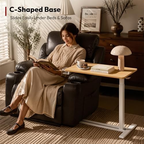 SANODESK 28''Pneumatic Adjustable Overbed Bedside Table with Hidden Casters