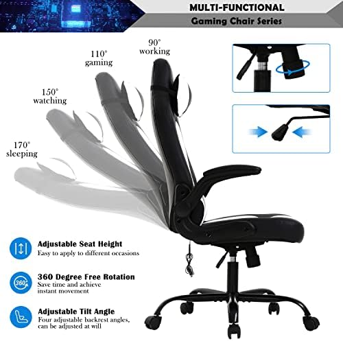 Massage Gaming Chair, PU Leather Gaming Chairs for Adults, Comfy Office Chair Ergonomic Desk Chair Computer Chair with Flip Up Arms, Swivel Reclining Gamer Chair, Height & Backrest Adjustable, White