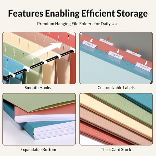 SUNEE Hanging File Folders Retro Colors, 25 Pack Letter Size File Folders with 1/5-cut Tabs, Stay Organized for Your Home and Office Bulk File and Documents