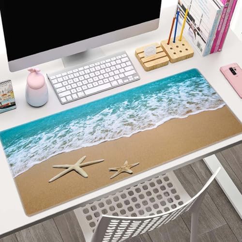 Beach Starfish Desk Pad Mouse Pad,Large Gaming Mouse Mat with Stitched Edges,Non-Slip Waterproof Rubber Base Mous Mat for Office Computer Keyboard Laptop Home(31.5X11.8 in)