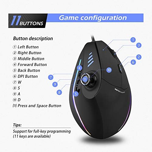 zelotes Ergonomic Gaming Mouse with Joystick,10000 DPI(6-Level Adjustable),11 Programmable Buttons,RGB Lighting, USB Optical Wired Vertical Mouse for Office/Gaming/Laptop/PC (Black)