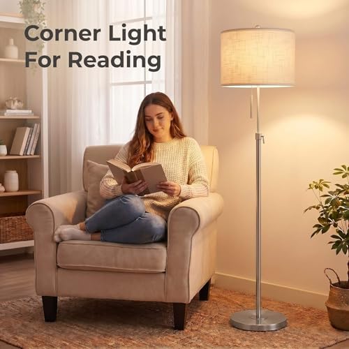 Qingmiao Brushed Nickel Floor Lamps for Living Room, 55"-67" Height Adjustable Modern Tall Lamp, 3-Way Dimmable Standing Lamp for Bedroom Office Reading Corner Home Decor, New House Warming Gifts