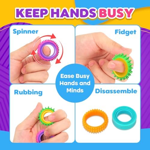 Fidget Toys Sensory Rings for Kids: 12 Pack Finger Spinner Rings - Texture Stress Toys for Kids Autism Calming - Fun Fidgets for Student Classroom Prize Stocking Stuffers