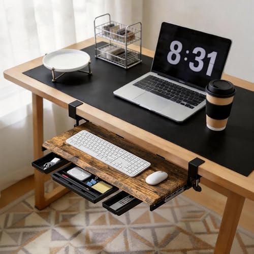 ETHU Under Desk Keyboard Tray with Metal Slide Rail, 26.8x11.8", Walnut