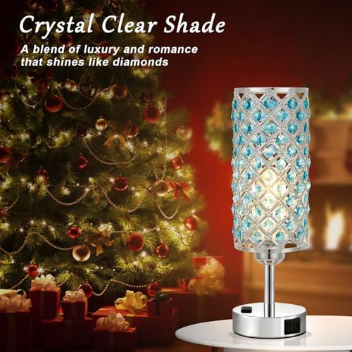 Hong-in Blue Crystal Lamp Touch Control Set of 2, Crystal Table Lamps with USB C+A Ports & AC Outlet, 3-Way Dimmable Nightstand Touch Lamp, Modern Bedside Table Lamp for Bedroom(Bulbs Included)