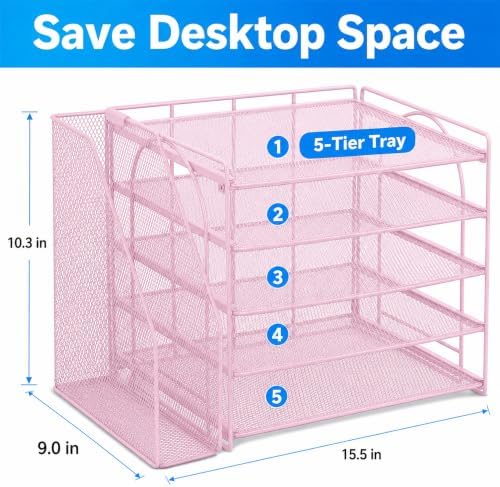 OPNICE Desk Organizer, 5-Tier Paper Organizer Letter Tray, Pink