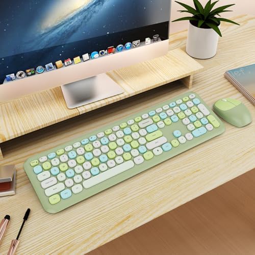 Wireless Keyboard and Mouse Combo, Colorful Ergonomic Full Size Retro Low-Noise Keyboard with Cute keycaps, Compatible with Windows, PC, Perfer for Home and Office Keyboards (Green)