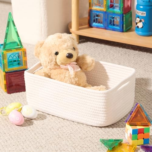 MiniArk Small Storage Baskets for Organizing | Closet Organizer Bins | Shelf Toy Basket | Woven Rope Baskets | Cube Decorative Box | Shallow Basket | 13x8.5x5.1” | 4 Packs Off White