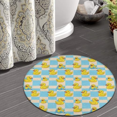 Men's Large Home Decor Mat, Soft Round Yoga Carpet, Non Slip Machine Washable Home Office Circle Rug Blue Checkered Funny Rubber Duck, 60inch
