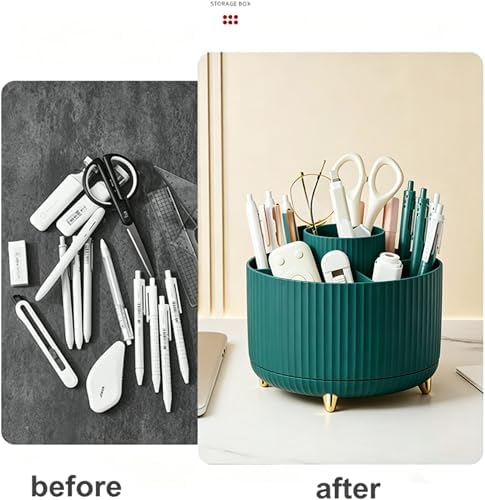 Pencil Pen Holder 5 Slots 360°Degree Rotating Pen Organizers for Desk Desktop Storage Stationery Supplies Cute Pencil Cup Pot Kids Desk Organizer for Office Home School（Green）