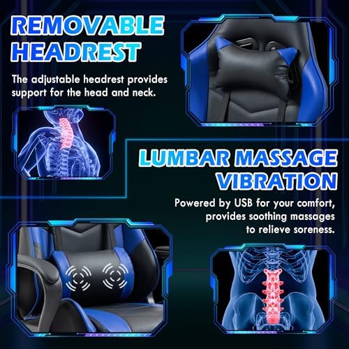 ECOTOUGE Blue Ergonomic Gaming Chair Massage Lumbar Rocking High Back