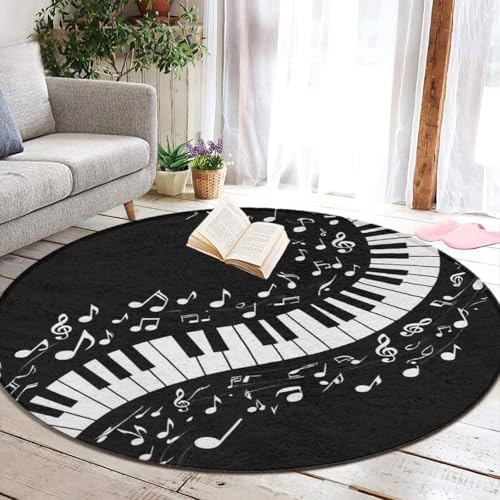 Soft Round Yoga Carpet, Office Chair Decor Round Mat for Carpet and Hardwood Floors Piano Music Notes Gift Black and White