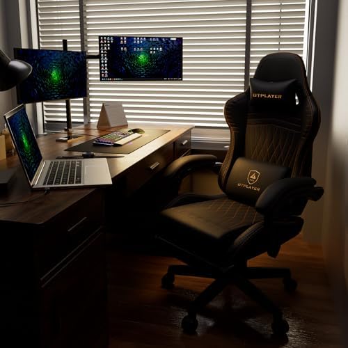 GTPLAYER ACE-PRO Music Gaming Chairs – Built-in Speakers, App Support & Bluetooth Control, Computer Game Chairs with Footrest for Adults, Ergonomic, Reclining, Linkage Armrest, Black & Orange Stitch