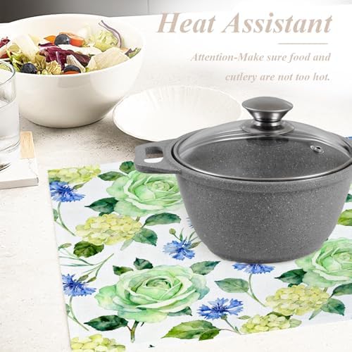 Shrahala Vintage Blue Set of 8 12 X 18 Inch Linen Placemats, Pink Flower The of Rose Hand Draw Watercolor Burlap Table Mat Washable Double Layered Heat Insulation for Indoor/Outdoor
