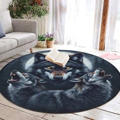 Circular Rugs Large Modern Round Area Rug Fashion Decor Mat for Home Office Full Moon Wolf