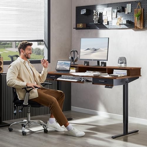 WALKINGDESK 55 Inches Electric Standing Desk with Keyboard Tray, Height Adjustable Sit to Stand Table with 2 Drawers, Ergonomic Home Office Desk with Storage Shelf, Computer Table, Black Walnut