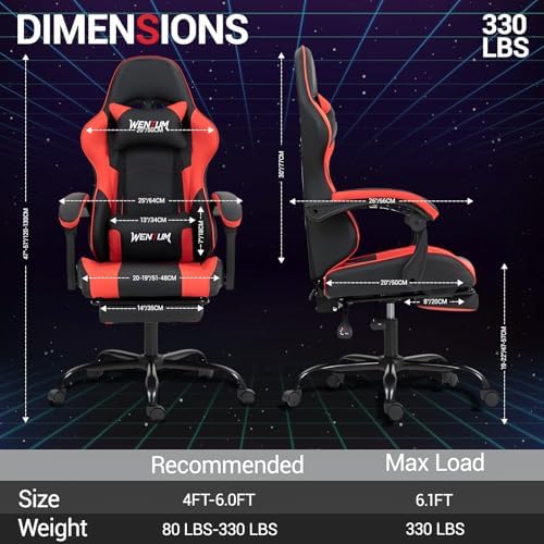 Gaming Chair, Video Game Chair with Footrest and Massage Lumbar Support, Height Adjustable Ergonomic Computer Chair with Swivel Seat and Headrest for Home Office Gaming, Red