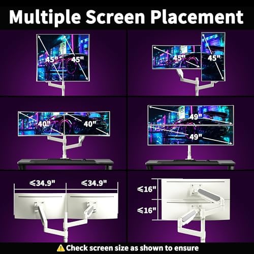 Dual Monitor Arm for 17-49 Inch Ultrawide Screens, Dual Monitor Mount Heavy Duty up to 44lbs, Adjustable Vertical Stacked Full Motion Dual Monitor Arm Desk Mount, 75/100mm VESA Mount, White