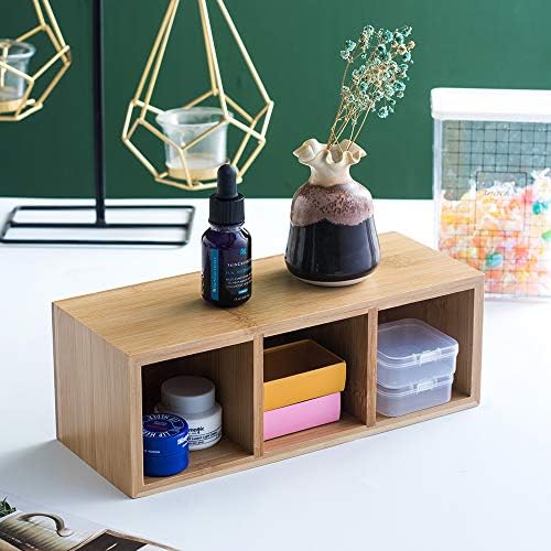 Bamboo Wood Pens Pencils Holder Cup for Desk Remote Control Holder, Caddy,Organizer,Desktop Storage with 3 Compartments,Makeup Brush Holder,Silverware Caddy for Party,Office Supplies (3 Grid)