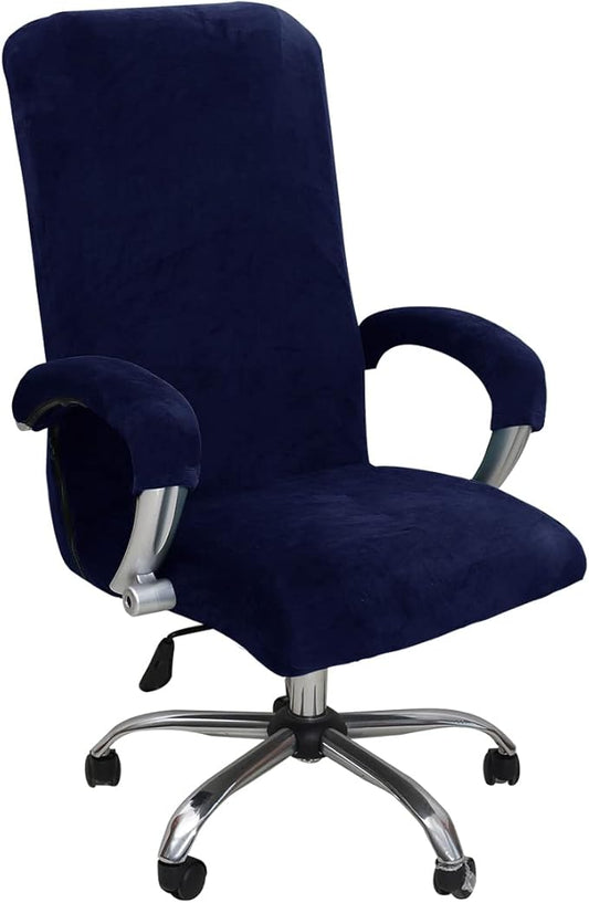 Velvet Plush Stretchable Office Computer Chair Cover - Cat Proof Protector for Ergonomic Office Desk Chair with Wheels and Armrest, Fits High Back Wide Mesh Executive Chairs, Navy Blue, XL