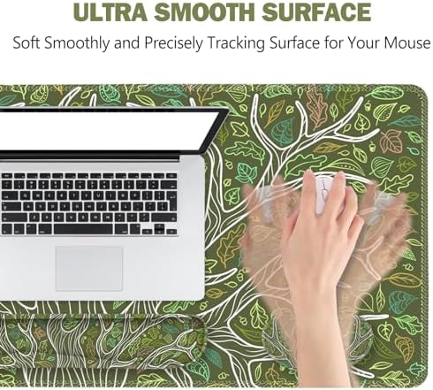 ToLuLu Desk Mat, Gaming Mouse Pad Wrist Support 4 in1 Set, XXL Large Mouse Pad + Keyboard Wrist Rest + Memory Foam Cushion Mouse Wrist Rest for Pain Relieve + Coaster Table Computer PC, Green Leaves