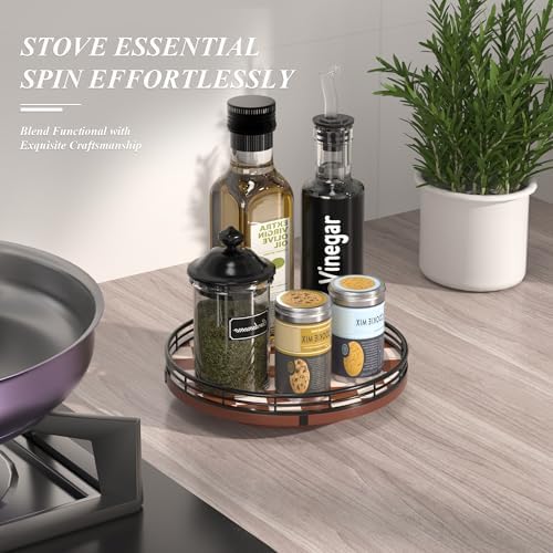 AMH 9-Inch Brown Checkerboard Lazy Susan Organizer with Black Metal Rail