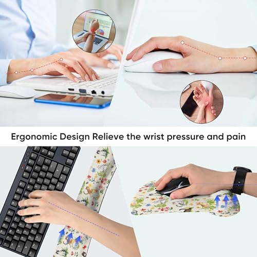 Ergonomic Memory Foam Keyboard Mouse Pad Set with Wrist Rest Support,Non-Slip Hand Wrist Cushion for Laptop/Notebook/Desktop/Computer/Gaming/Office,Easy Typing& Pain Relief (Garden Cat)