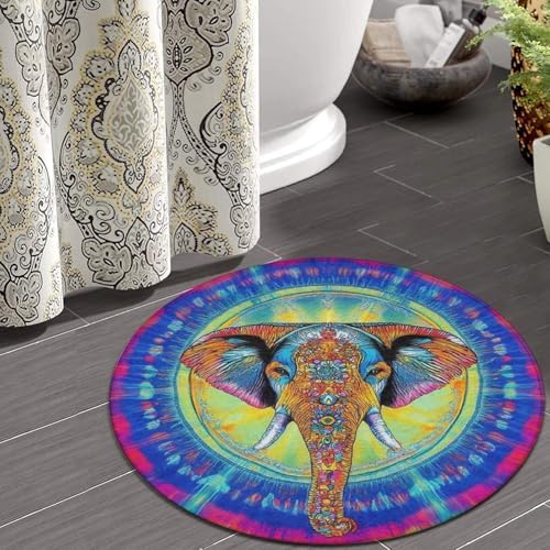 Machine Washable Modern Round Area Rug, Room Sofa Yoga Soft Round Carpet, Home Decor Non Slip Kitchen Office Circle Rug Elephant Head Tie Dye Art, 36inch