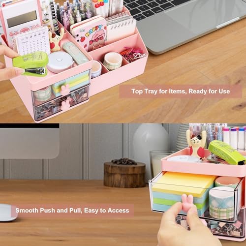 Meiikun Desk Organizer, Makeup Organizer with 2 Drawers, 7 Compartment & a Top Tray, Desktop Organizers and Storage for Women, Cute Home organization Bathroom, 11" x 5.7" x 4.7" (Pink)