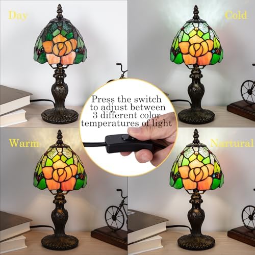 Small Tiffany Table Lamp, 3 Color-Temperature Roses Stained Glass Lamp,6 Inch Tiffany Style Lamp for Bedroom Living Room Home, Handcrafted Light, Included Bulb (Yellow)