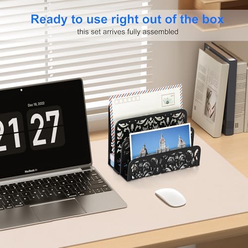 EasyPAG Mail Organizer Countertop 2pc Desk Mail Sorter for Envelope 3-Slot Vertical Letter Holder for Office, Home, School, Black