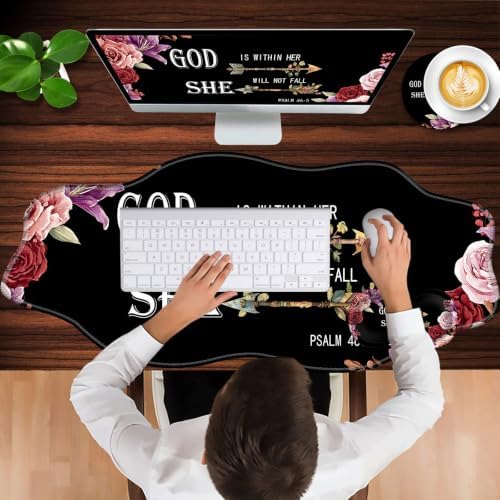 Mouse Pad with Wrist Support + Desk Mat + Coaster 3 in 1 Set, XXL Large Gaming Mousepad Ergonomic Mouse Pads for Desk Computer Laptop Office,Flower Bible Verse Psalm 46-5