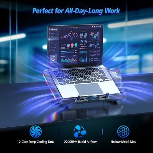 Laptop Cooling Pad with 12 Quiet Fans, Slim Portable for 12-17.3 Inch Laptop Cooler Stand with 5 Height Adjustable, Ergonomic Gaming Cooling Fan Pad with Two USB Ports & Phone Holder (Gear)