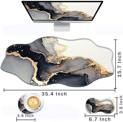 Mouse Pad with Wrist Support + Desk Mat + Coaster 3 in 1 Set, XXL Large Gaming Mousepad Ergonomic Mouse Pads for Desk Computer Laptop Office,Black Gold Marble