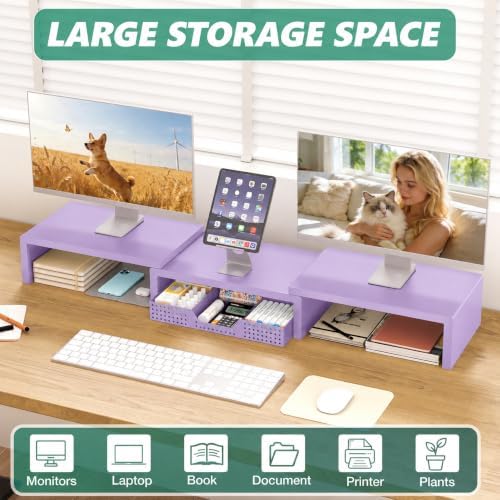 OPNICE Dual Computer Monitor Stand Riser, Desk Organizer with Drawer, Office Desk Accessories & Workspace Organizers for Home Office Supplies, Purple