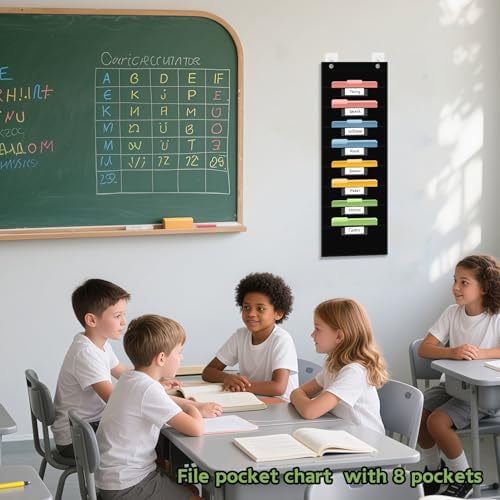 ANCOMEDO 8 Pockets File Storage Pocket Chart with 8 Nametag Pockets,Hanging Wall File Organizer for Classroom and Office Use, Keeps assignments, Files, scrapbooks, and Papers neatly Organized.